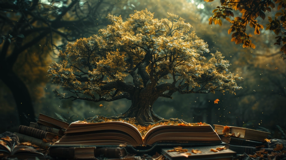 illustration of an ancient tree growing from the pages of an open book in the forest